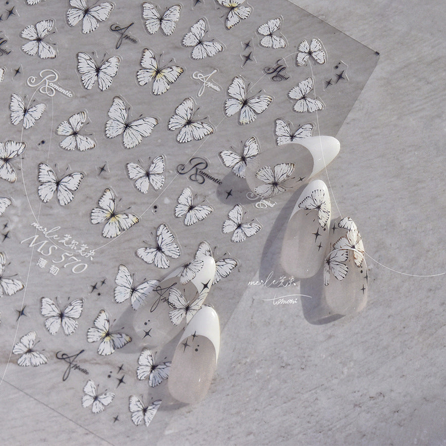 White & Holographic Butterfly Nail Stickers – 5D Embossed Minimalist Set