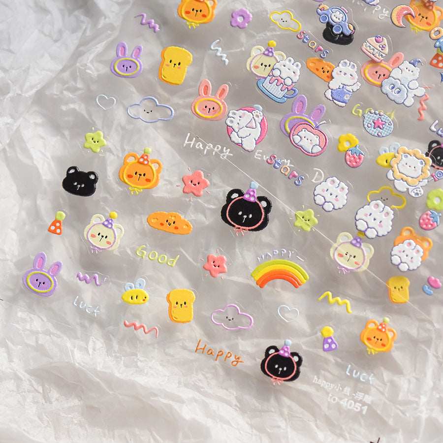 Happy Animal Collection: "Cute Happy Animals & Rainbow" – 3D Embossed Nail Sticker