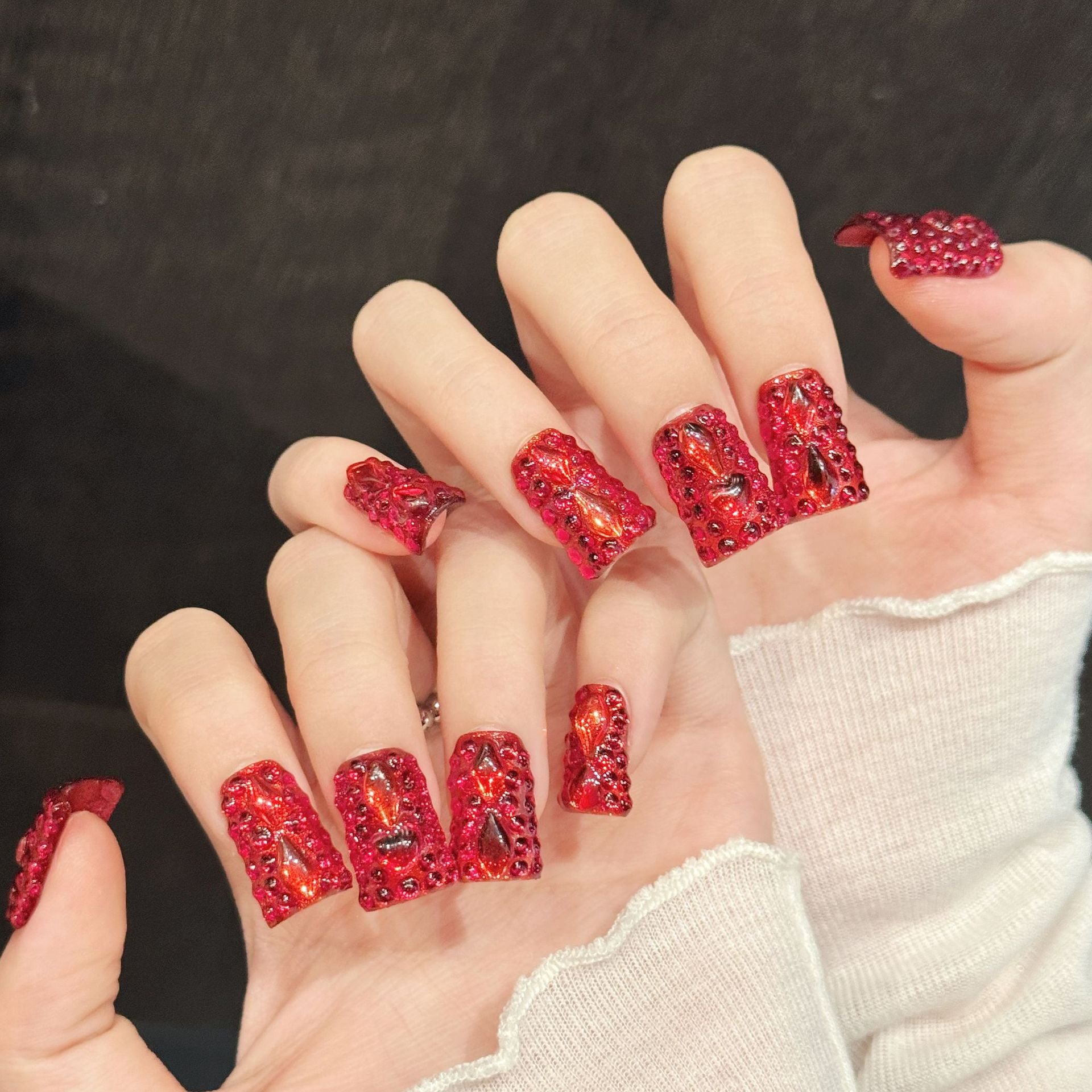 365nails: "Crimson Fire" – 3D Textured Red Glitter Handmade Coffin Nails