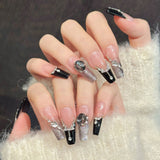 365nails: "Midnight Soirée" – Glitter French Tip & 3D Gem Handmade Long Almond Nails