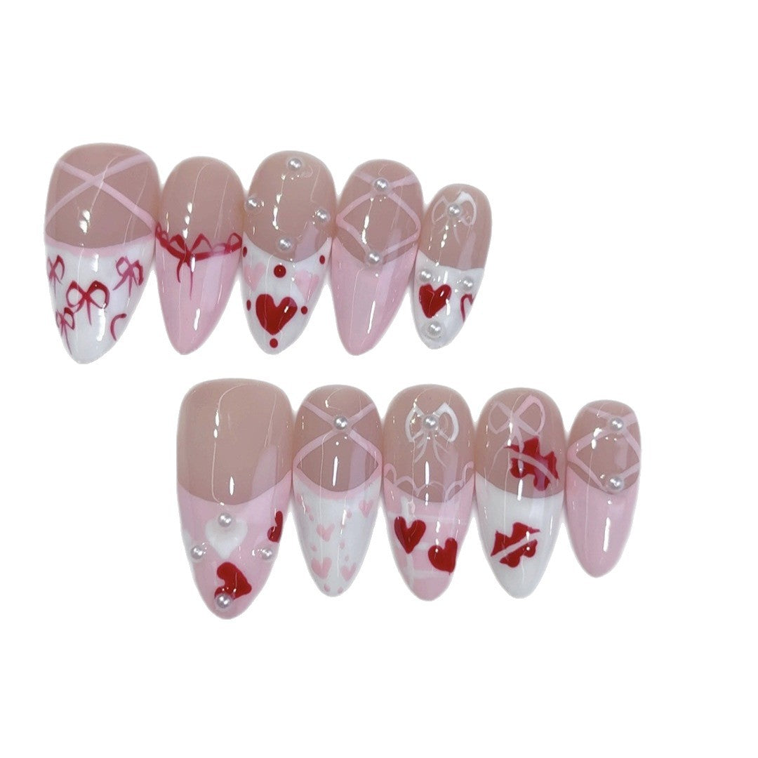Coquette Romance: "Pink Bow Heart" – Almond Shape Handmade Press-Ons