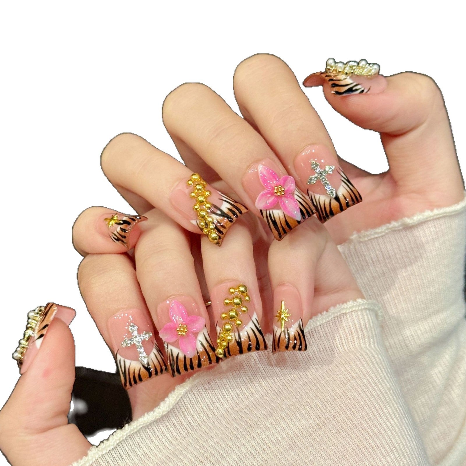 365nails: "Wild Orchid" – 3D Floral & Tiger Stripe Handmade Short Square Nails