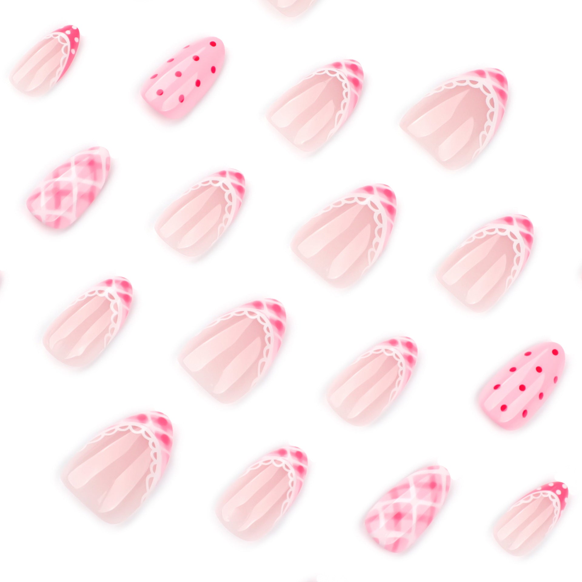 Short Almond Press On Nails with Pink Base & Red Polka Dot & Plaid Accents