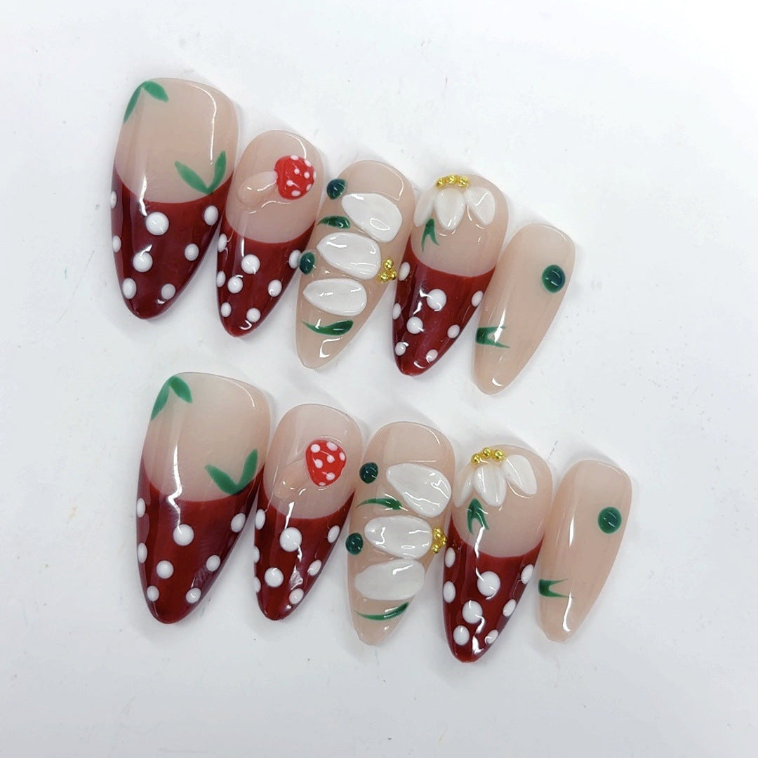 Berry Bliss: "Strawberry Daisy" – Medium Almond Handmade Press On Nails