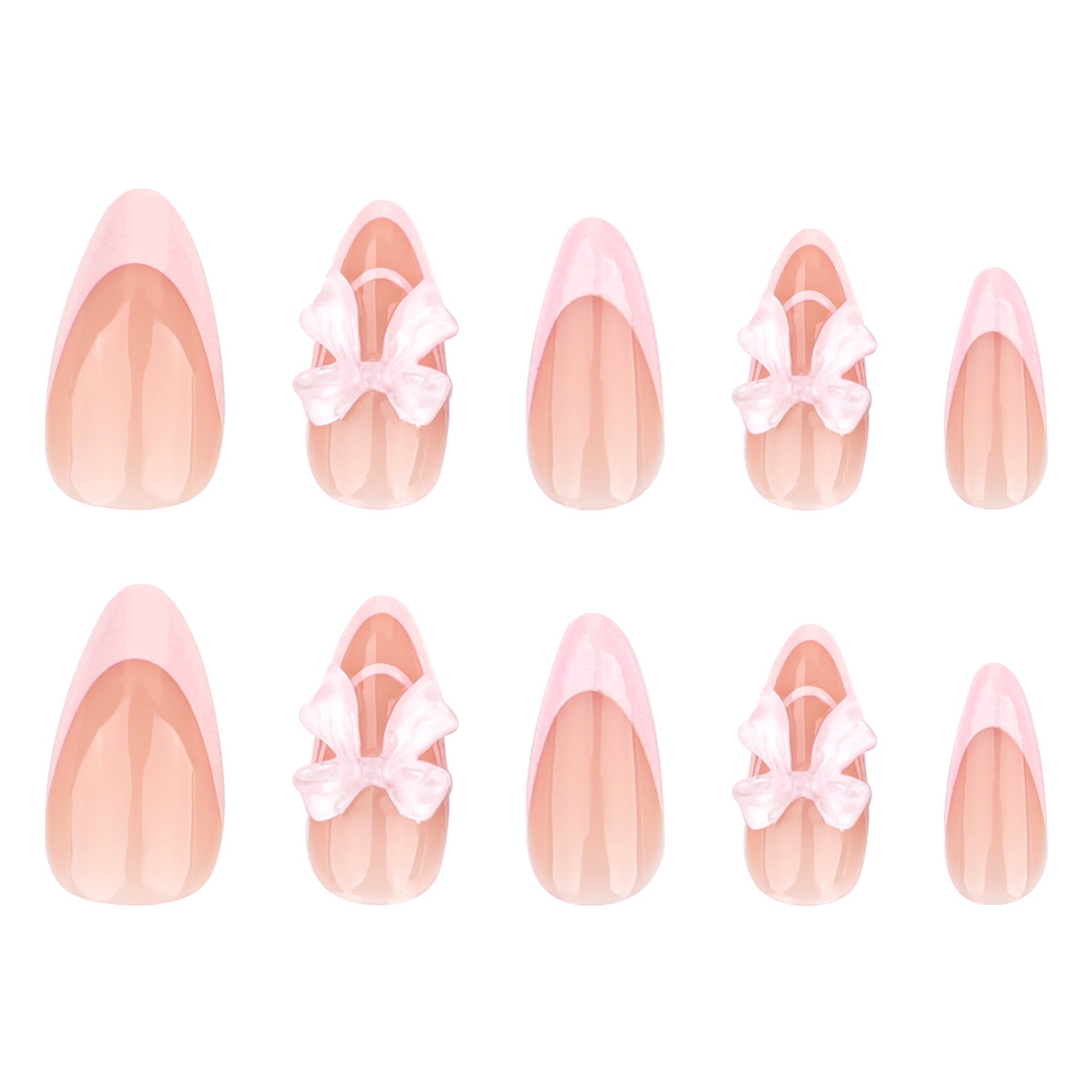 Almofadas de unhas postiças em formato de amêndoa rosa francesa doce, gelo puro através de laço tridimensional, arte de unhas, atacado de unhas postiças ｜ 365nails