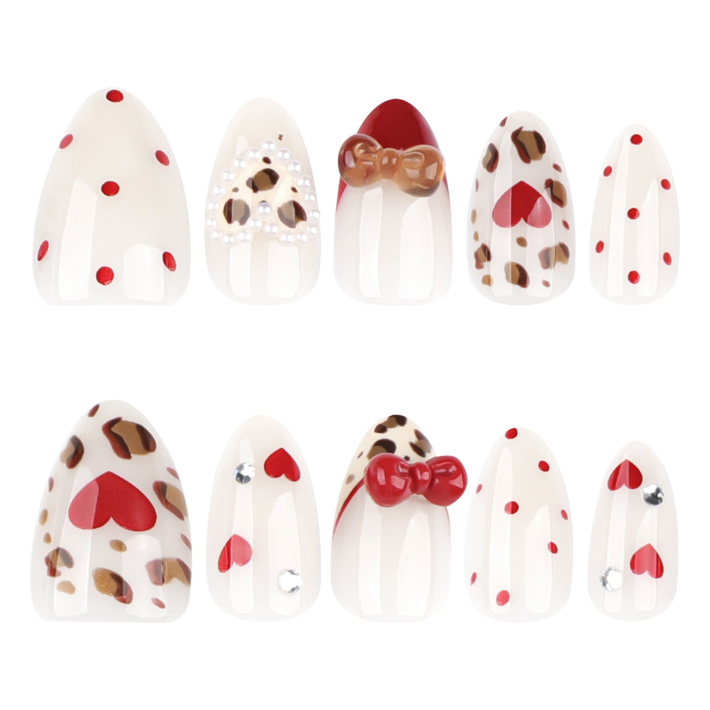 Point diamond three-dimensional bow Japanese style short almond shape love press-on nails