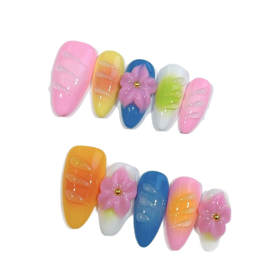 Rainbow Fantasy: "Vivid Floral Echo" – Almond Shape 3D Handmade Press On Nails