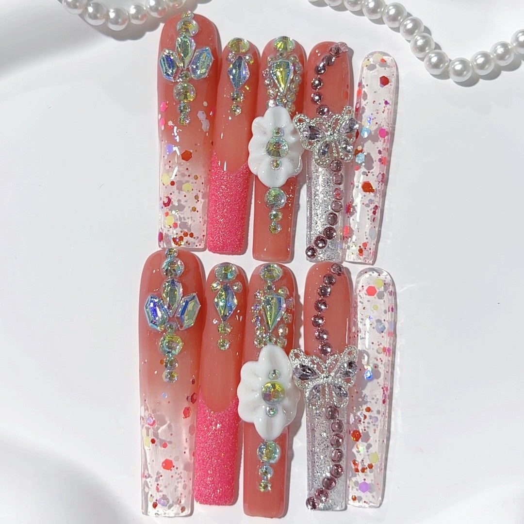 Rose Glitter Butterfly Crystal Press On Nail Set
