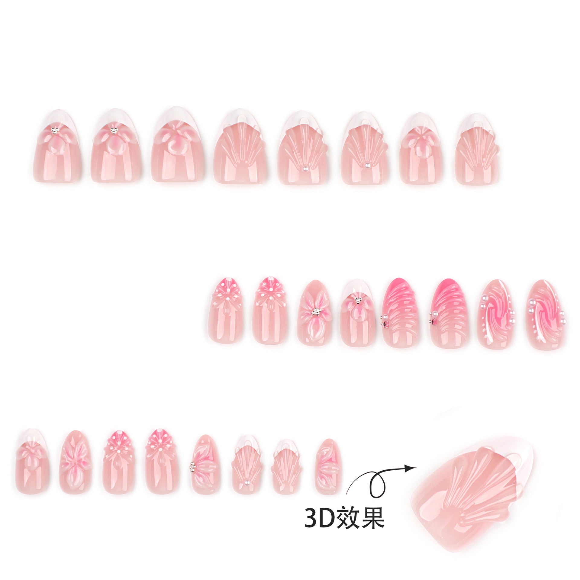 365nails: "3D Pink Floral Mermaid Almond" – Pearl & Rhinestone Press-on Nails