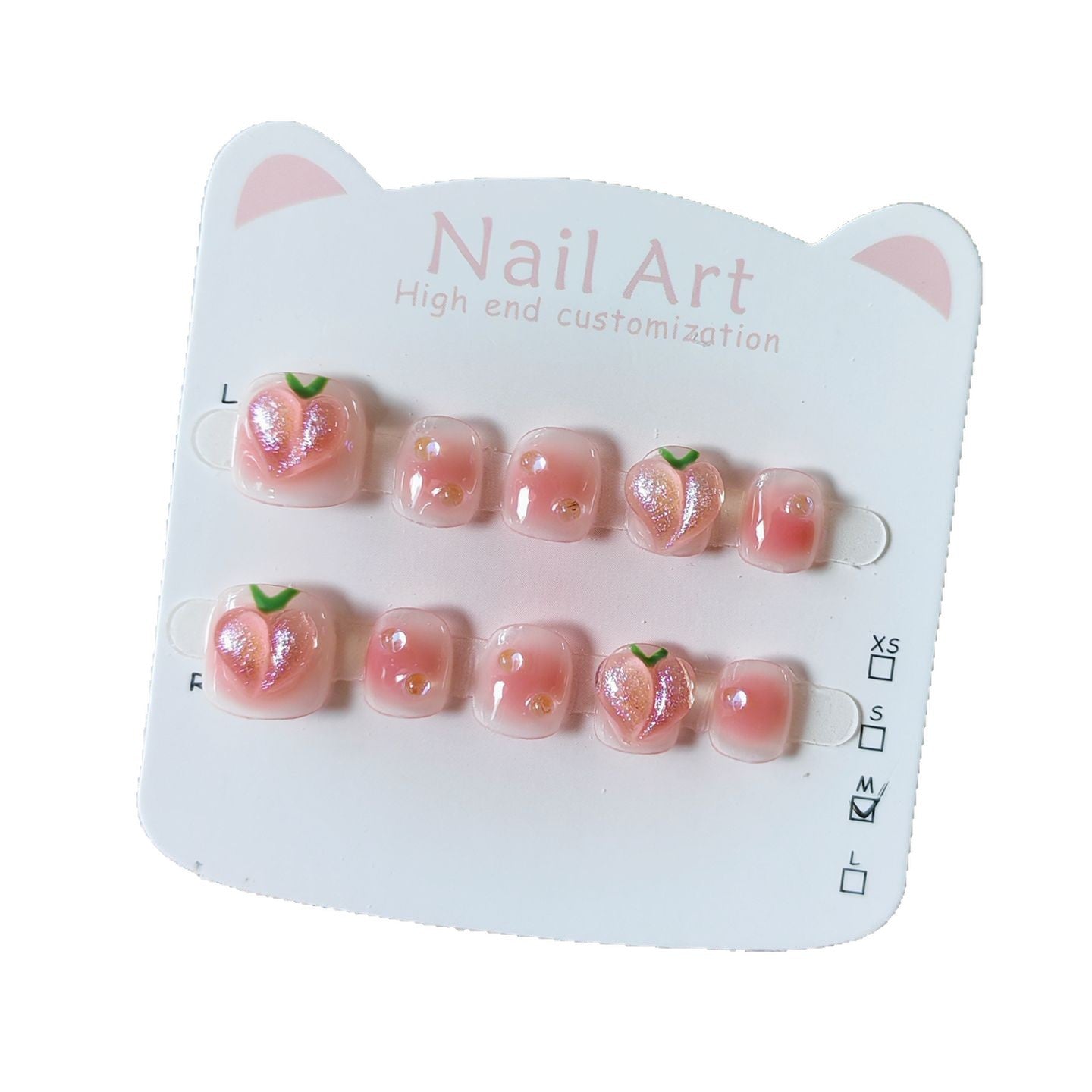 365nails：桃粉光澤 — 手工製可愛短款橢圓形穿戴甲（桃子圖案）