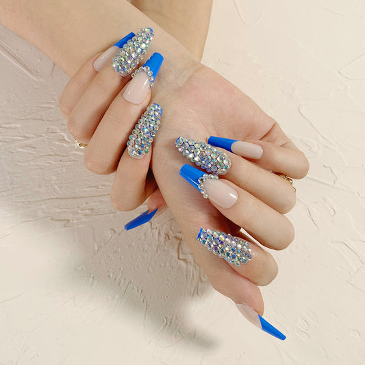 Blue French full diamond presson nail wearing finished nail art fake nail removable nail patch  special supply｜365nails