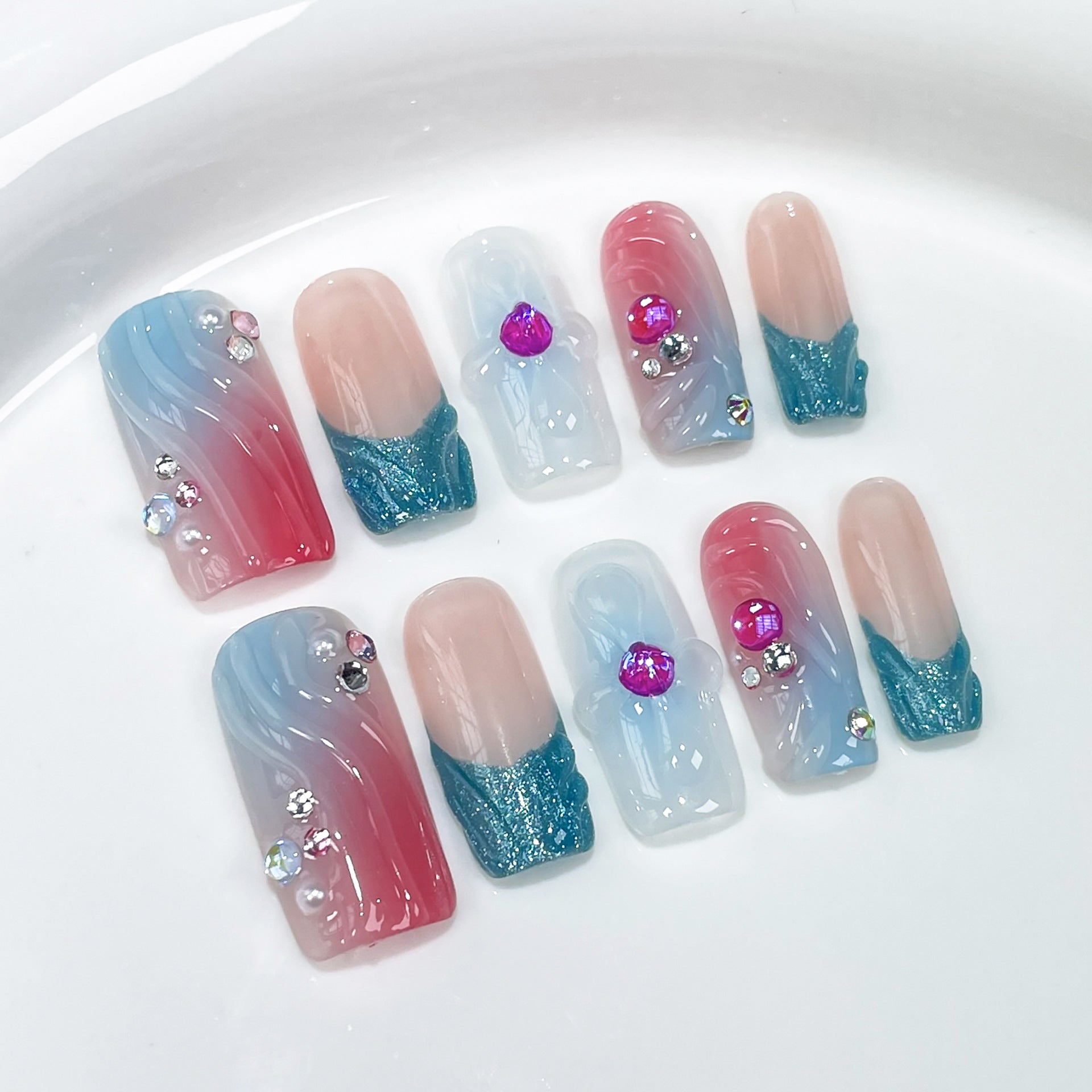 Pistola de pulverização para unhas postiças quadradas médias e longas, feitas à mão, com contraste de cor, mudança gradual, formato espremido à mão, sentido avançado, remendo para unhas longas ｜ 365nails