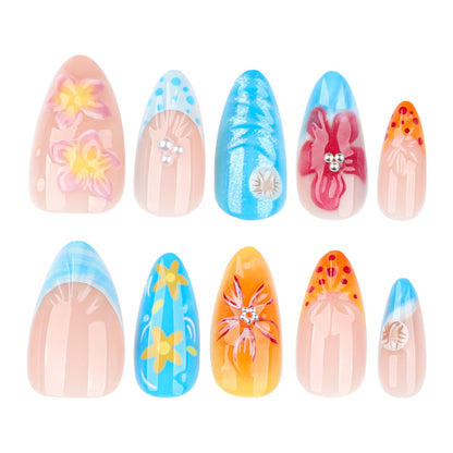 hot-selling tropical 3D tropical flower manicure wearing short almond nail piece  wearing fake nail｜365nails
