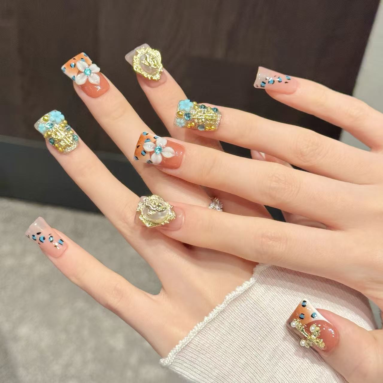 Golden Cross Floral Glam Coral Duckbill Press On Nails