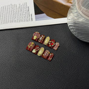365nails: "Elegância Carmesim" – Unhas Quadradas Feitas à Mão com Rosas 3D e Folhas de Ouro