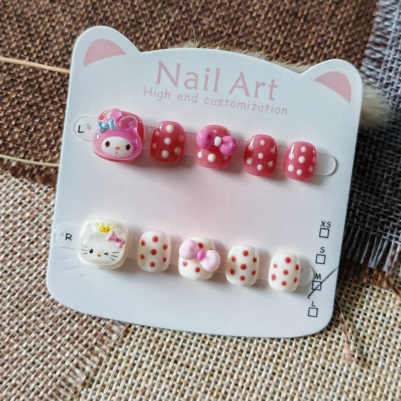 365nails: "polka dot kitty & melody" – short round handmade kids press-on nails