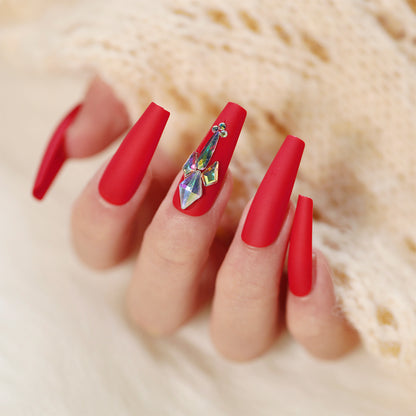 Red Rhinestone Long Ballet French Wear Nail Art Finished Fake Nail Nail Patch  Direct Supply Nail Patch｜365nails