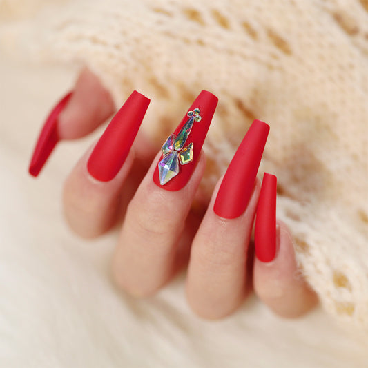 Red Rhinestone Long Ballet French Wear Nail Art Finished Fake Nail Nail Patch  Direct Supply Nail Patch｜365nails