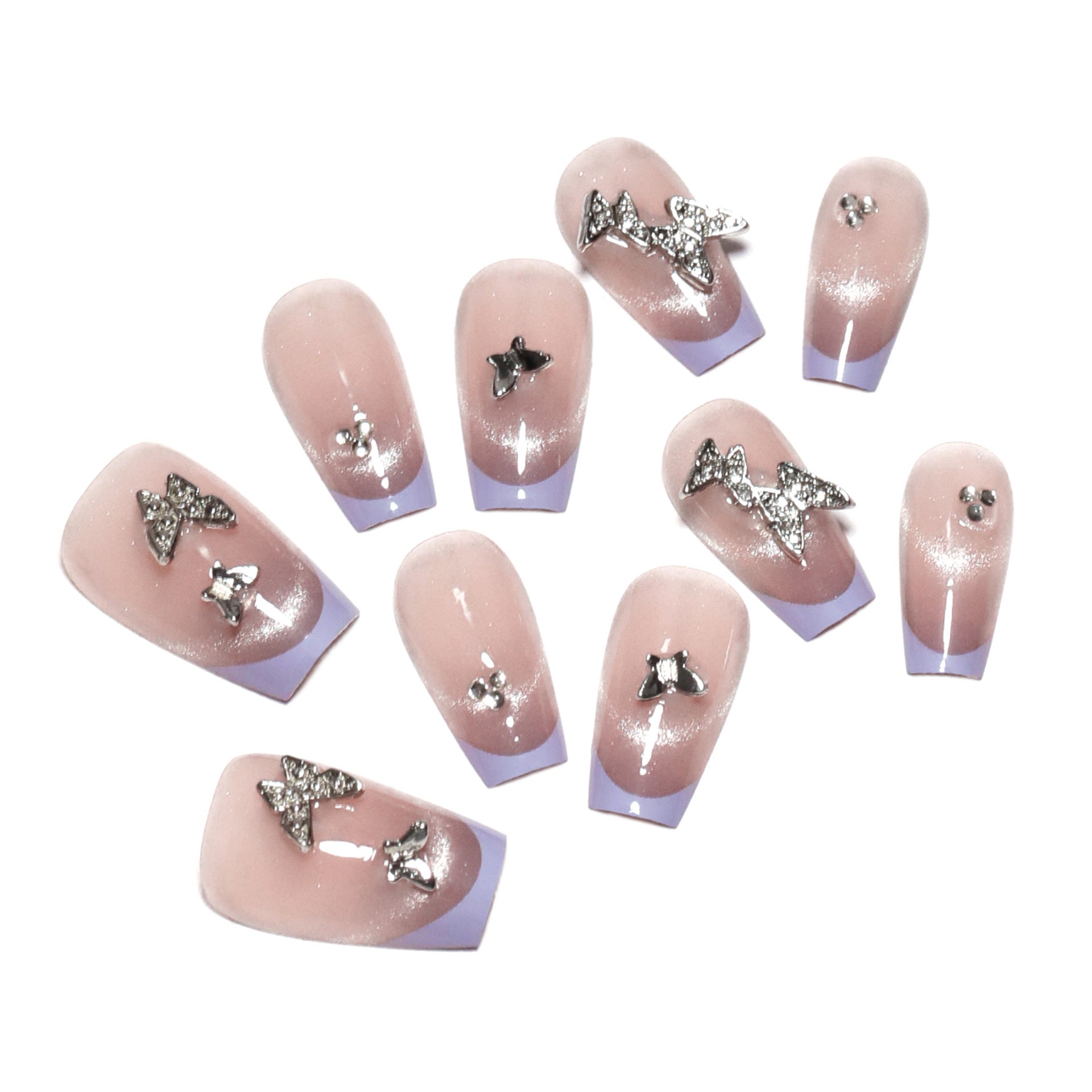 Nueva pieza de verano, uña postiza a presión, estilo francés, morado, ojo de gato, uñas a presión, uña de mariposa tridimensional, producto terminado｜365nails