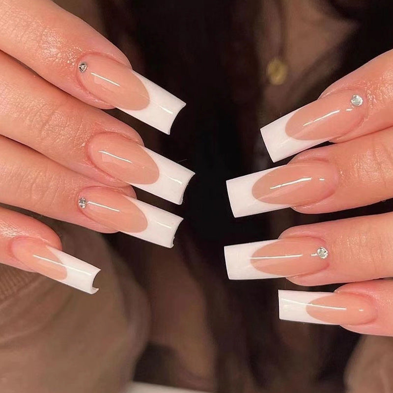 프렌치 화이트 엣지 라인스톤 프레스온 네일 완성형 인조 네일 패치 도매｜365nails