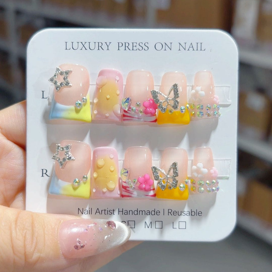Rainbow Fantasy: "Butterfly Bloom" – Short Square Handmade Press On Nails