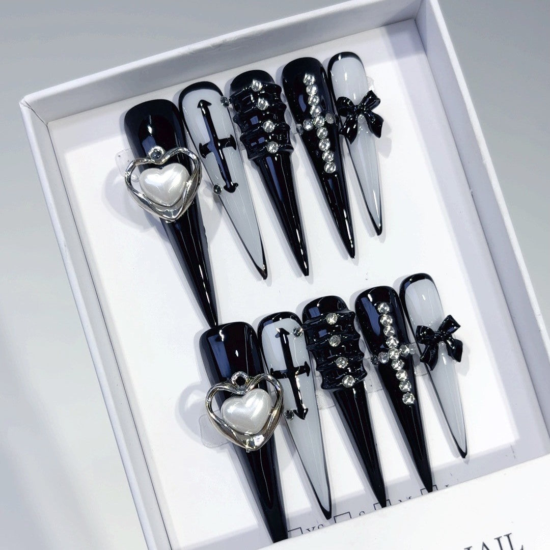 Gothic Black White Heart Cross Press On Nails