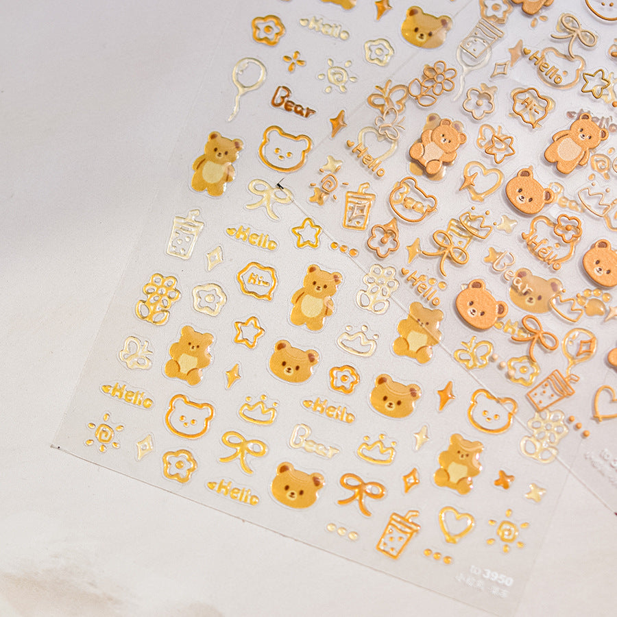 Golden Teddy Bear Nail Stickers – 5D Embossed Cute Retro Set