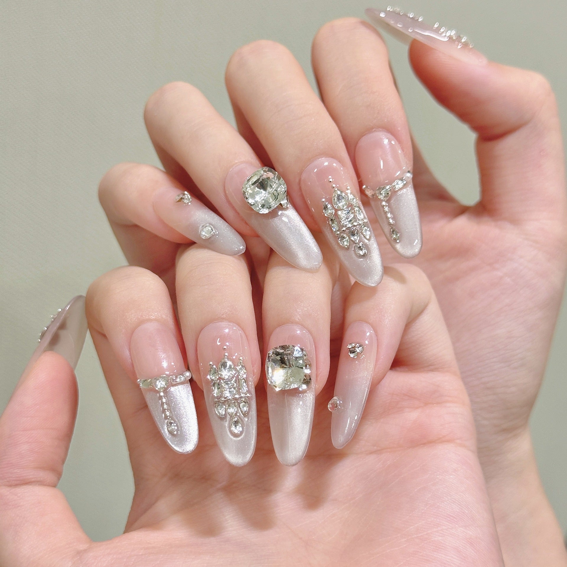 365nails: "Moonlight Sonata" – Silver Cat-Eye & Diamond Handmade Stiletto Nails
