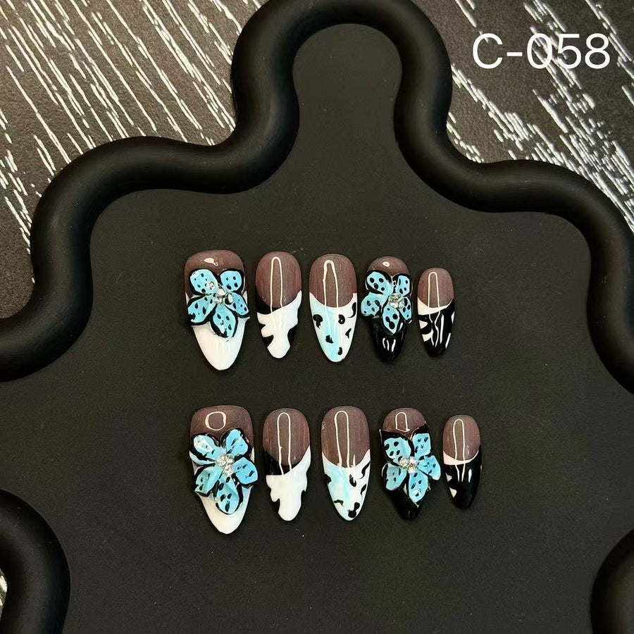 365nails: "Midnight Bloom" – 3D Floral Handmade Almond Nails
