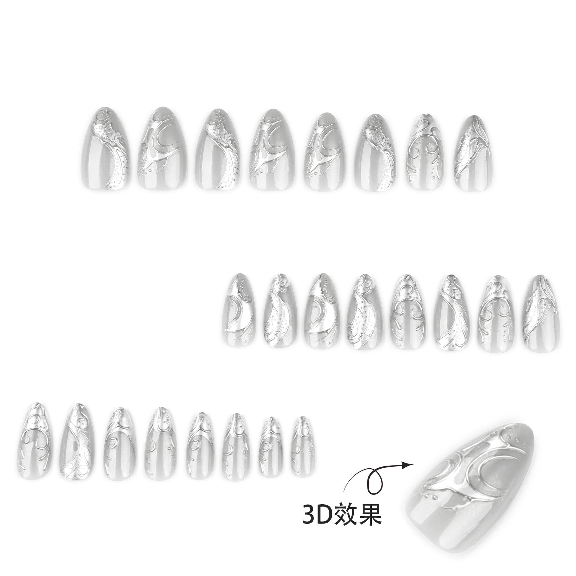 Gothic Cool Spicy Silver 3D Stereoscopic Short Almond press-on nails