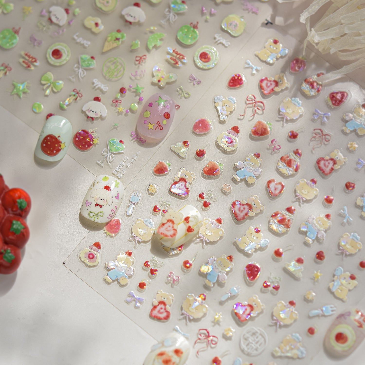 Sweet Teddy Bear: "Strawberry Picnic" – 3D Embossed Nail Sticker