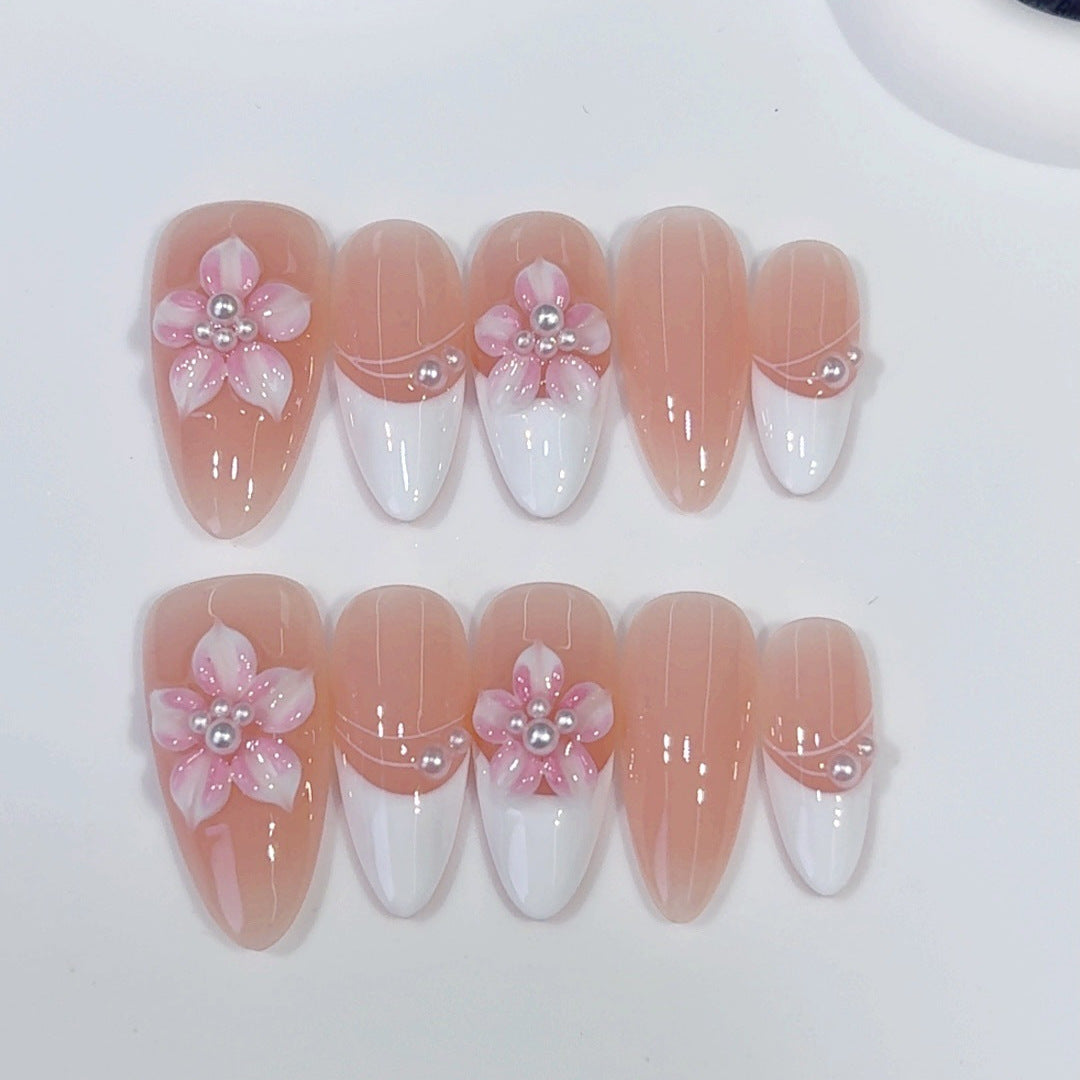 Sakura Pearl French: "Pink Floral" – Almond Press-On Nails