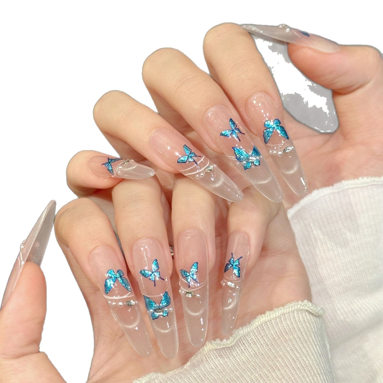 Blue Butterfly Sparkle Nude Pink Elegant Crystal Nails