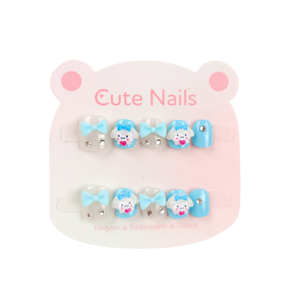 Children's cartoon short manicure 3D children's bow wearing armor 10 pieces three-dimensional diamond-set jade cinnamon dog nail pieces