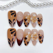 Amber Bloom: "Leopard & Flower" – Long Almond Handmade Press On Nails