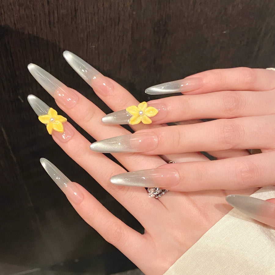 365nails: "Mint Blossom" – 3D Floral Cat Eye Gradient Handmade Almond Nails