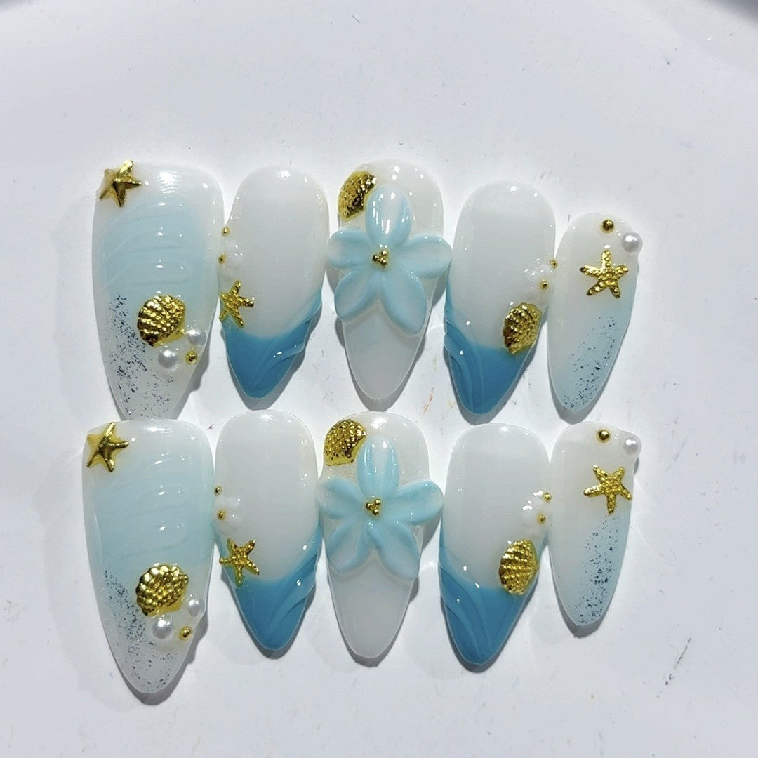 365nails: "海洋寶藏灣" – 中長款 杏仁形 藍色漸層 海洋風 手工製 穿戴甲