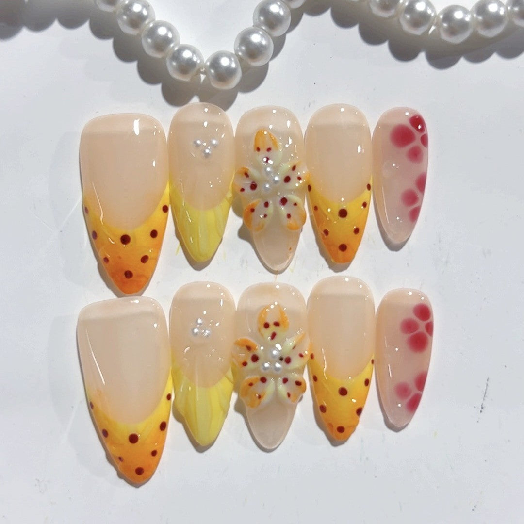 Citrus Bloom: "Fruity Floral" – Almond Shape Handmade Painted Press-On Nails