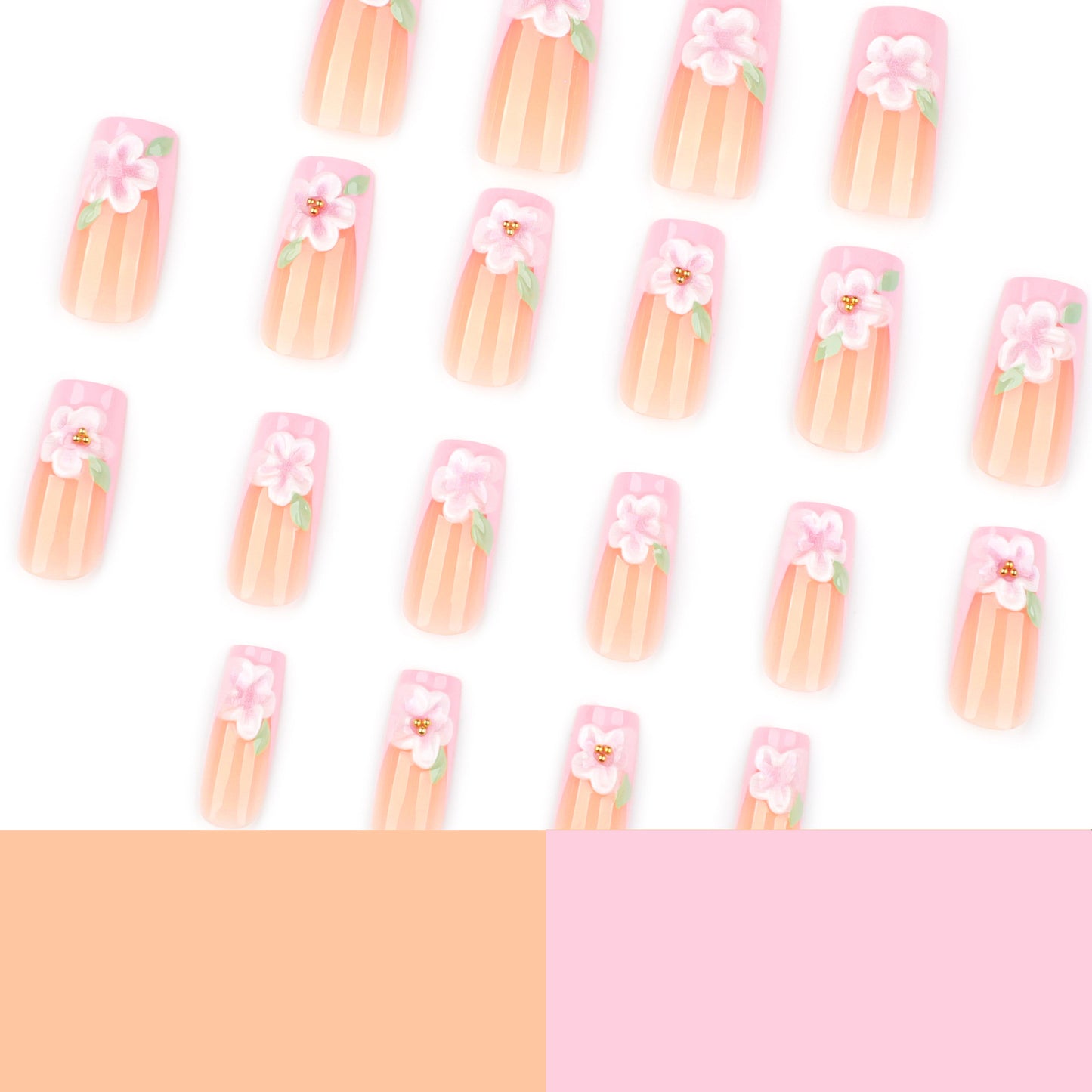 Medium and long 3D three-dimensional pink flower French square press-on nails