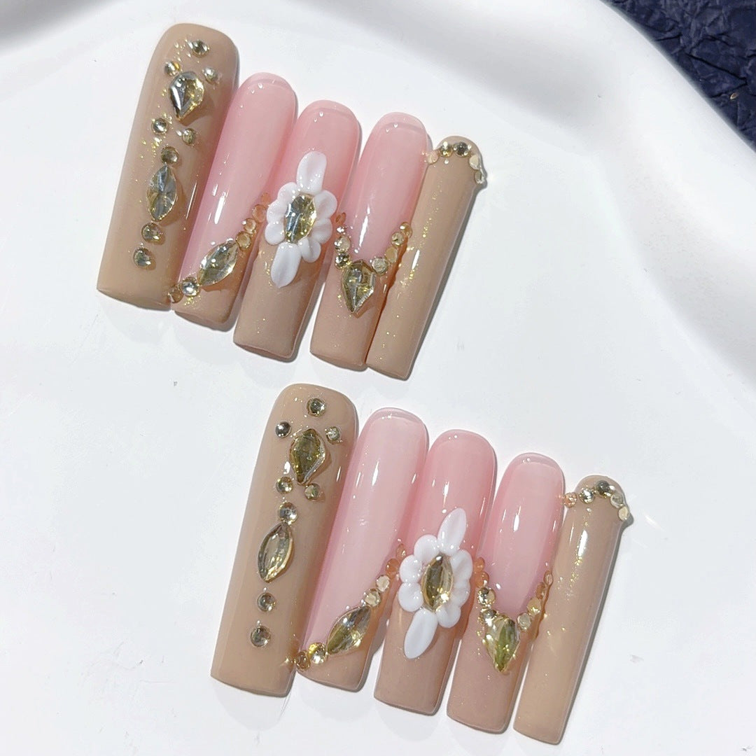 Soft Nude Pearl Floral Elegant Extra Long Press On Nails