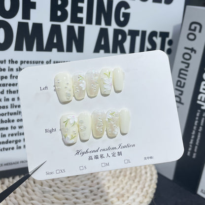 Pure handmade press-on nails relief camellia simple aurora fine flash nail patch wearable nail sticker wholesale｜365nails
