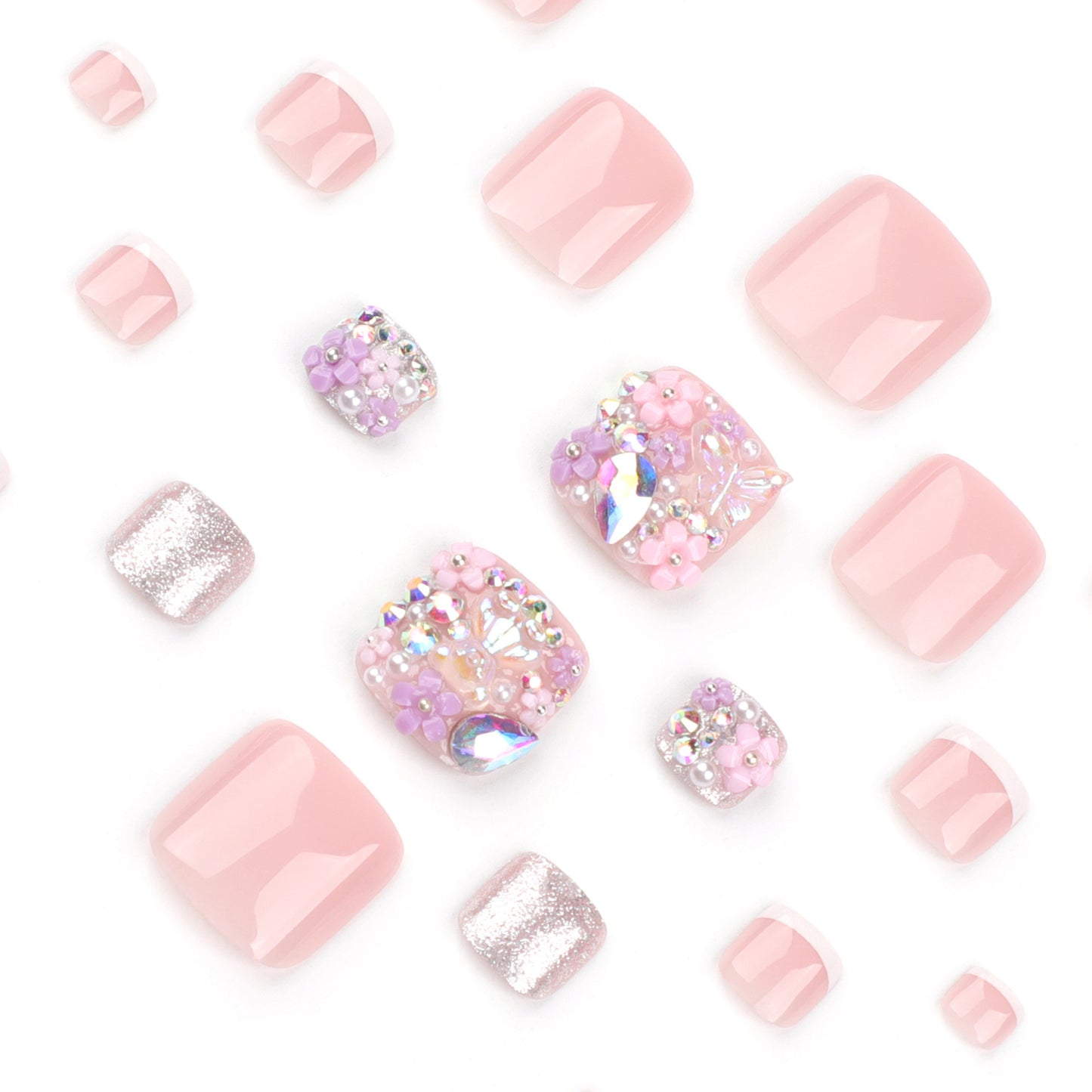 Uñas blancas francesas para los pies, diseño tridimensional con punta de flor, manicura para pies, uñas postizas cortas, uñas para los pies | 365nails