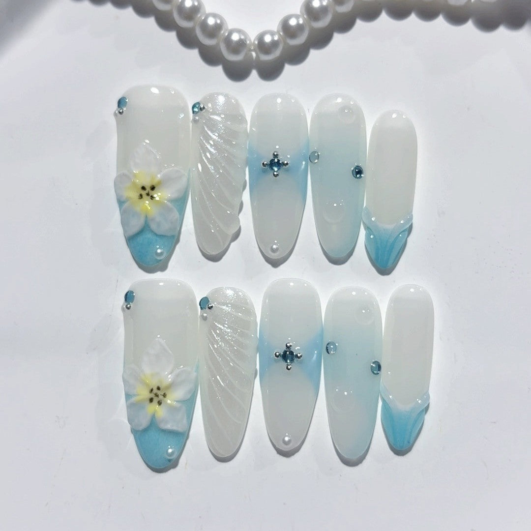 365nails - 冰霜綻放：霜花 — 杏仁形 手工製 立體雕刻 穿戴甲