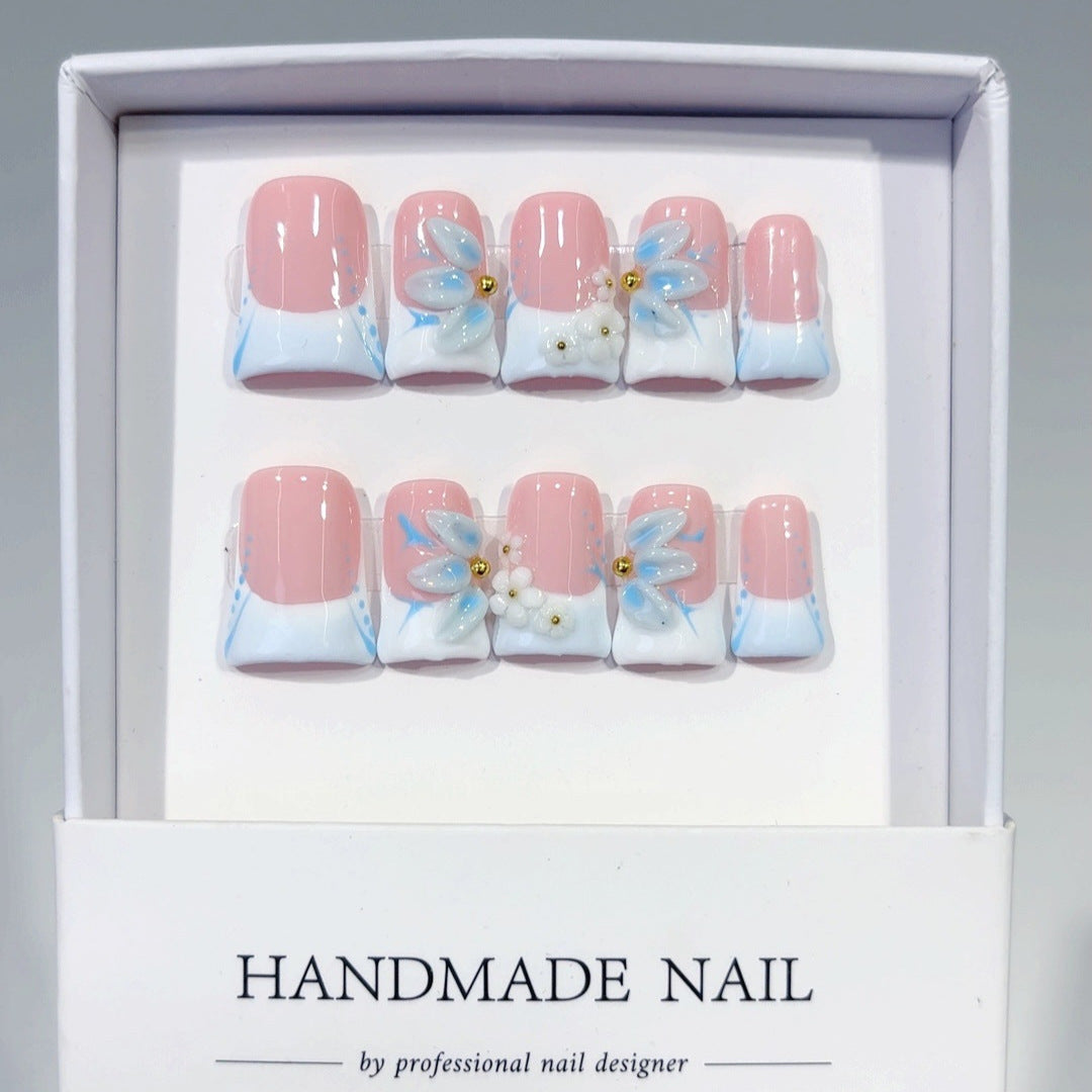 Elegant Pastel: "Blue Bloom French" – Short Square Nude & Blue Floral Handmade Press-On