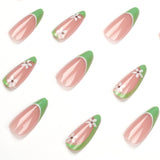 Uñas francesas con flores verdes, parches para uñas, pegatinas para uñas terminadas, uñas removibles, piezas para uñas, 365nails