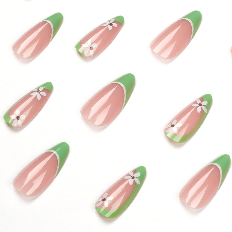 Uñas francesas con flores verdes, parches para uñas, pegatinas para uñas terminadas, uñas removibles, piezas para uñas, 365nails