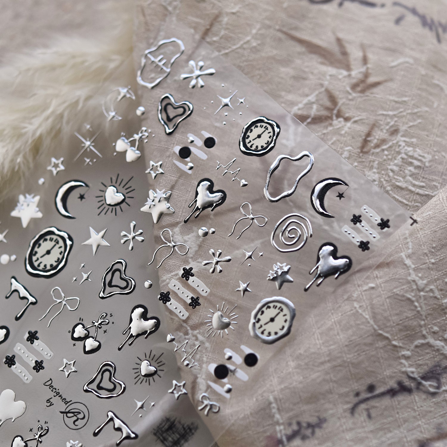 Silver Metallic Drip Heart Nail Stickers – Celestial Star Moon Clock Set
