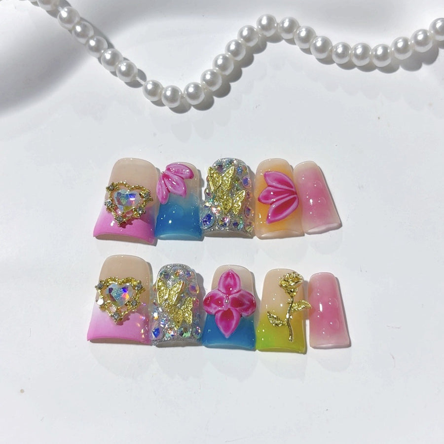 Enchanted Fairy: "Rainbow Bloom" – Short Square Handmade Press On Nails