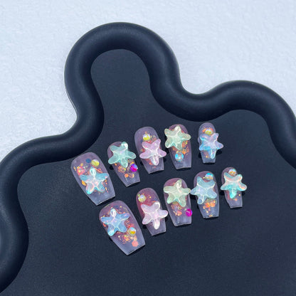Summer ice through handmade press-on nails mocha water ripple starfish fresh short nail patch wearable nail sticker｜365nails