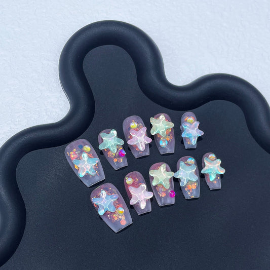 Summer ice through handmade press-on nails mocha water ripple starfish fresh short nail patch wearable nail sticker｜365nails
